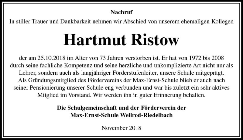  Traueranzeige für Hartmut Ristow vom 10.11.2018 aus  Camberger Anzeiger