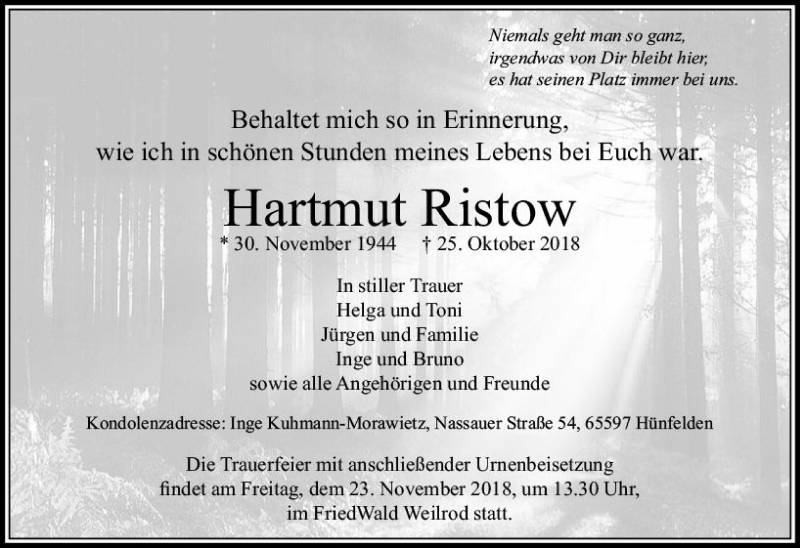  Traueranzeige für Hartmut Ristow vom 10.11.2018 aus  Camberger Anzeiger