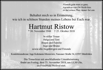 Traueranzeige von Hartmut Ristow von  Camberger Anzeiger