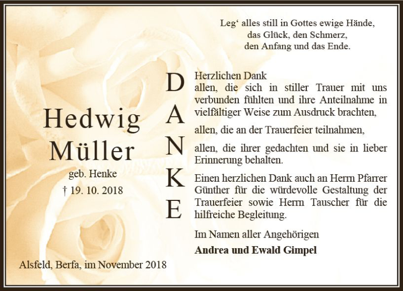  Traueranzeige für Hedwig Müller vom 17.11.2018 aus VRM Trauer