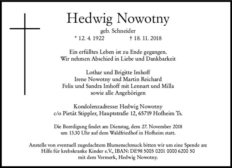  Traueranzeige für Hedwig Nowotny vom 23.11.2018 aus vrm-trauer