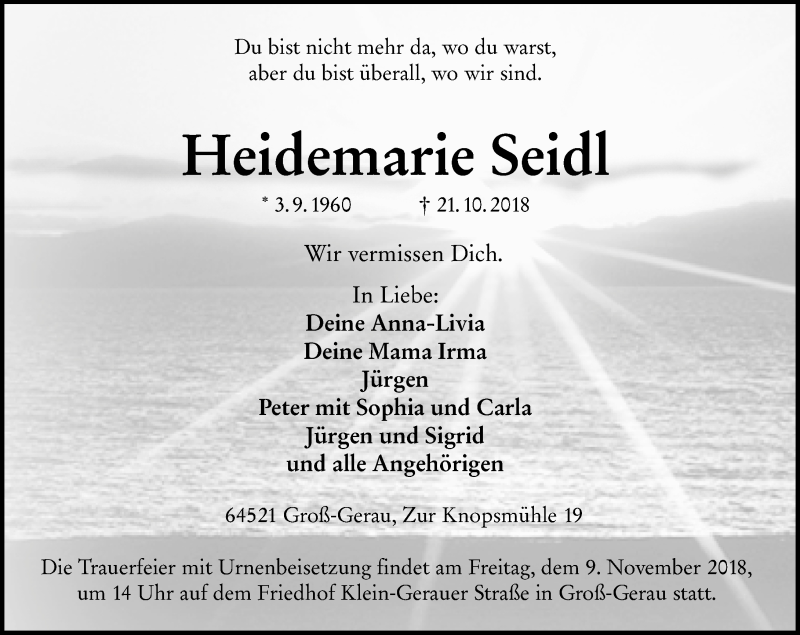  Traueranzeige für Heidemarie Seidl vom 03.11.2018 aus vrm-trauer