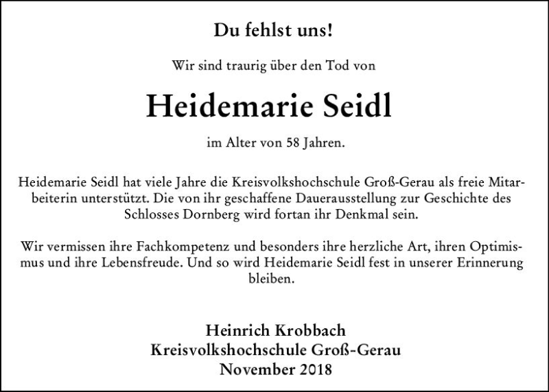  Traueranzeige für Heidemarie Seidl vom 06.11.2018 aus vrm-trauer