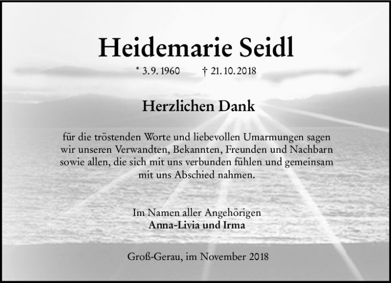  Traueranzeige für Heidemarie Seidl vom 17.11.2018 aus vrm-trauer