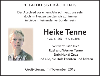 Traueranzeige von Heike Tenne von vrm-trauer