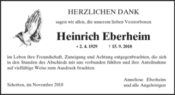 Traueranzeige von Heinrich Eberheim von  Kreisanzeiger