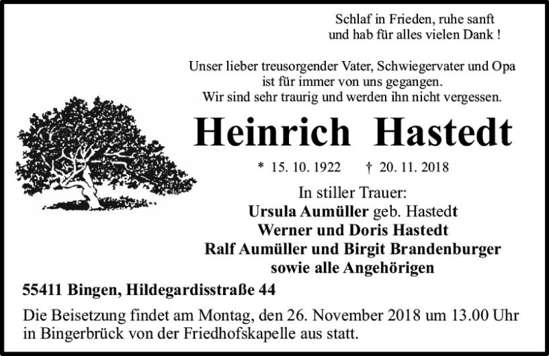  Traueranzeige für Heinrich Hastedt vom 22.11.2018 aus vrm-trauer