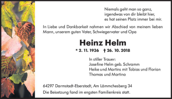 Traueranzeige von Heinz Helm von vrm-trauer