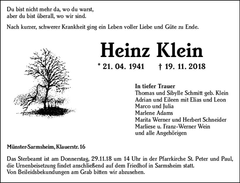  Traueranzeige für Heinz Klein vom 24.11.2018 aus vrm-trauer