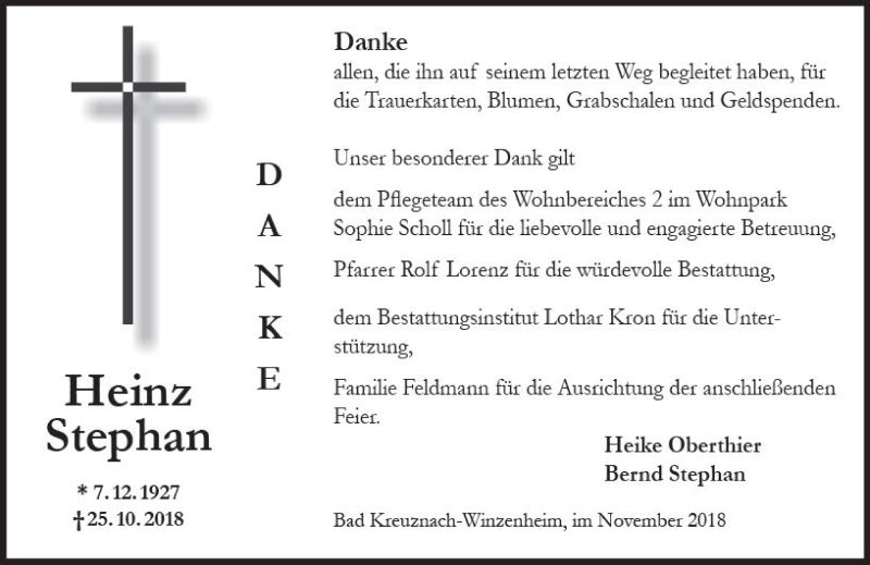  Traueranzeige für Heinz Stephan vom 24.11.2018 aus vrm-trauer