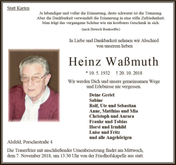 Traueranzeige von Heinz Waßmuth von VRM Trauer