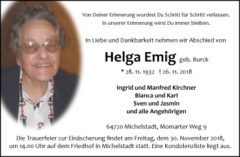 Traueranzeige von Helga Emig von Darmstädter Echo