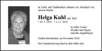 Traueranzeige von Helga Kuhl von  Gießener Anzeiger