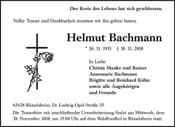 Traueranzeige von Helmut Bachmann von vrm-trauer