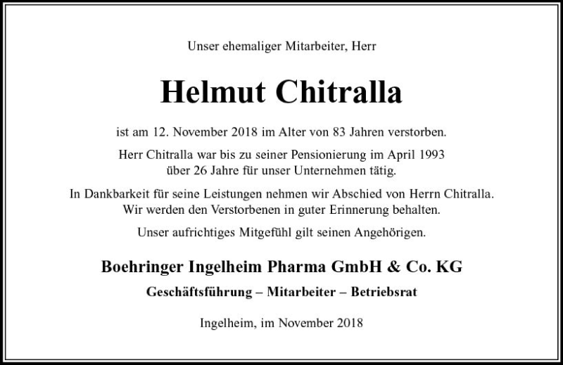  Traueranzeige für Helmut Chitralla vom 17.11.2018 aus vrm-trauer
