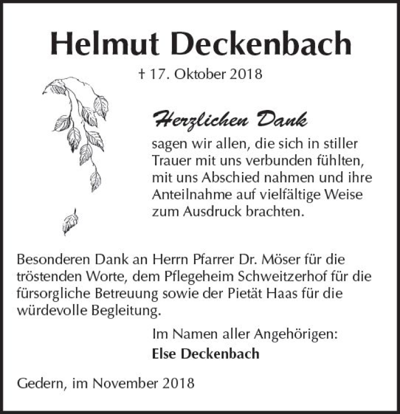  Traueranzeige für Helmut Deckenbach vom 17.11.2018 aus  Kreisanzeiger