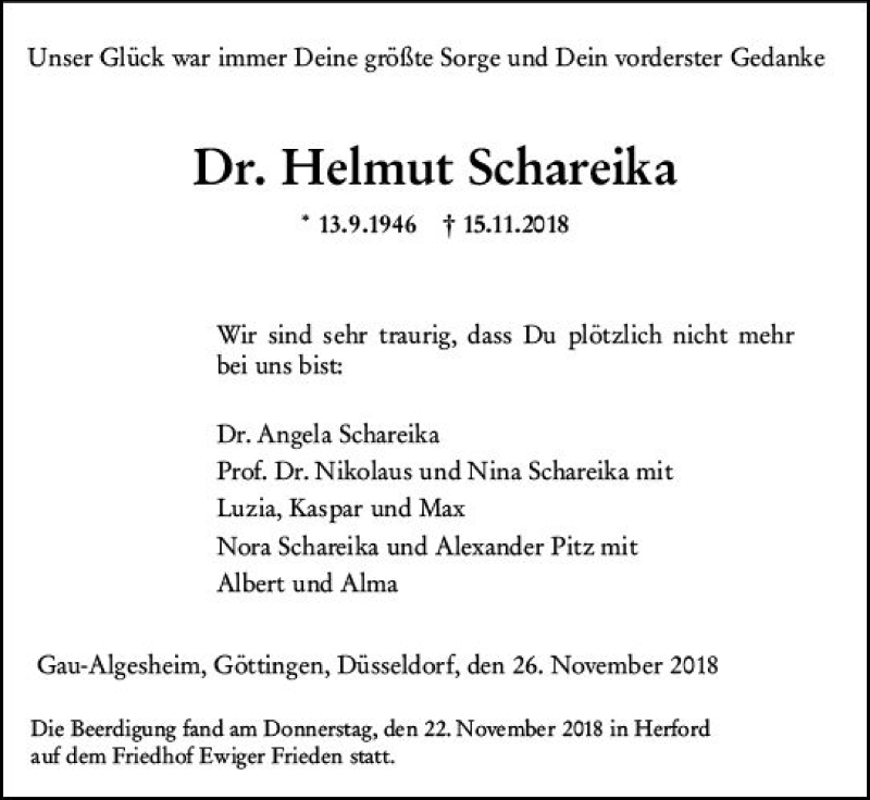  Traueranzeige für Helmut Schareika vom 28.11.2018 aus vrm-trauer