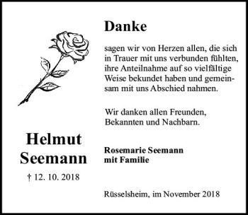Traueranzeige von Helmut Seemann von vrm-trauer