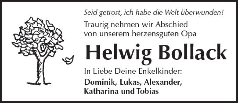  Traueranzeige für Helwig Bollack vom 06.11.2018 aus  Kreisanzeiger