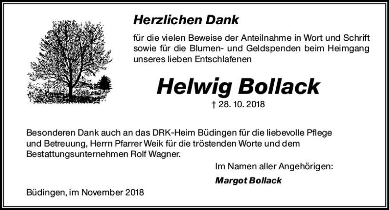  Traueranzeige für Helwig Bollack vom 24.11.2018 aus  Kreisanzeiger