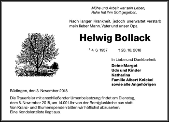 Traueranzeige von Helwig Bollack von  Kreisanzeiger