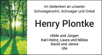 Traueranzeige von Henry Plontke von  Kreisanzeiger
