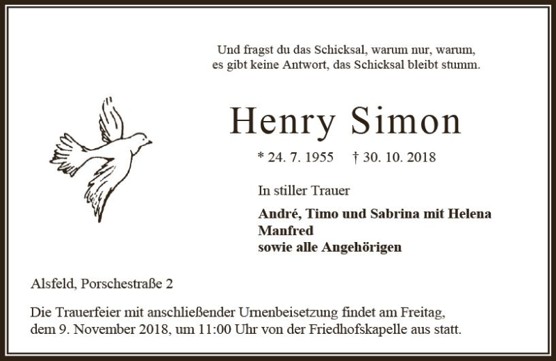  Traueranzeige für Henry Simon vom 06.11.2018 aus VRM Trauer