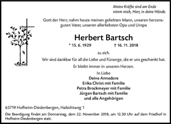 Traueranzeige von Herbert Bartsch von vrm-trauer