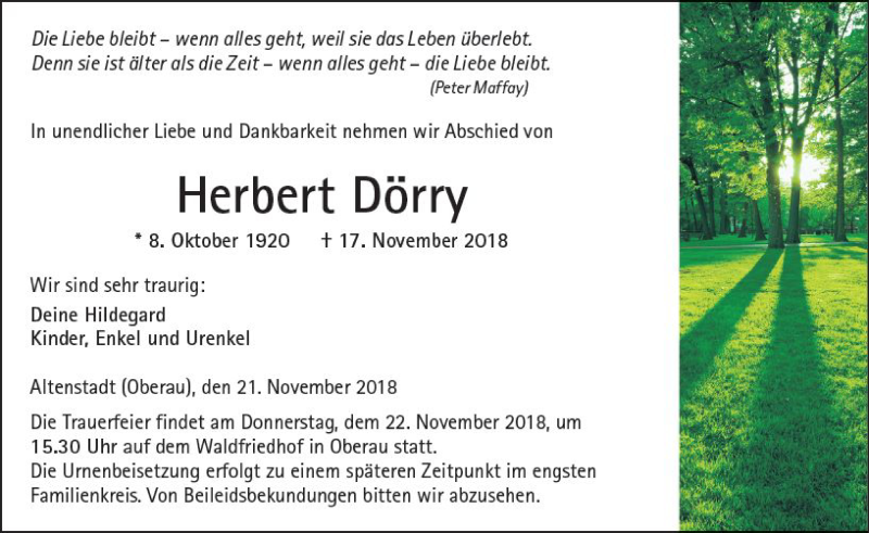  Traueranzeige für Herbert Dörry vom 21.11.2018 aus  Kreisanzeiger