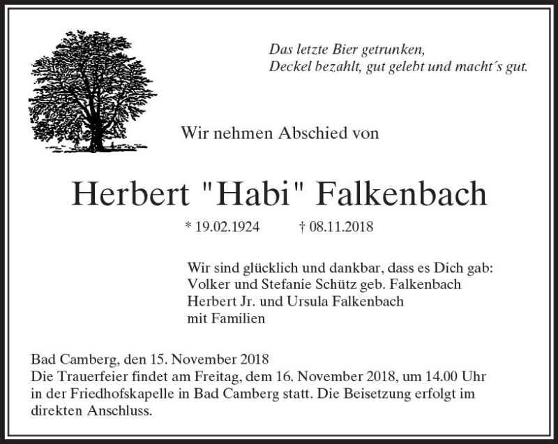  Traueranzeige für Herbert Falkenbach vom 15.11.2018 aus  Camberger Anzeiger