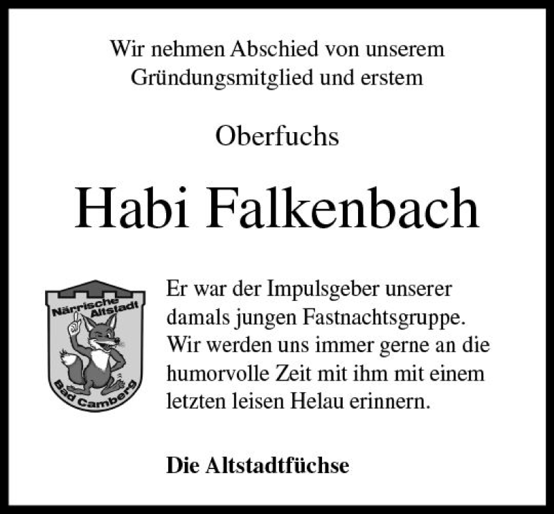  Traueranzeige für Herbert Falkenbach vom 15.11.2018 aus  Camberger Anzeiger
