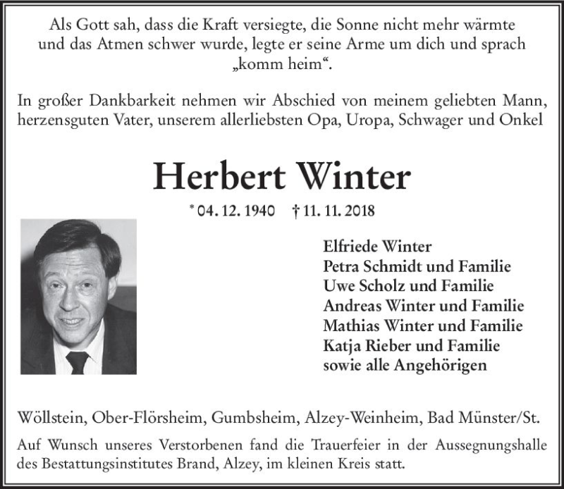  Traueranzeige für Herbert Winter vom 17.11.2018 aus vrm-trauer