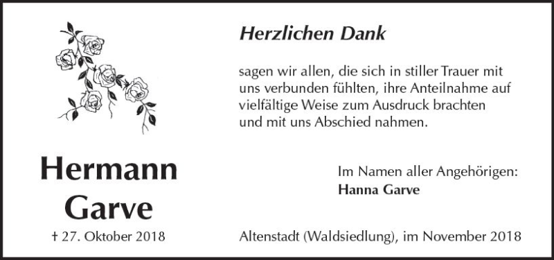  Traueranzeige für Hermann Garve vom 17.11.2018 aus  Kreisanzeiger
