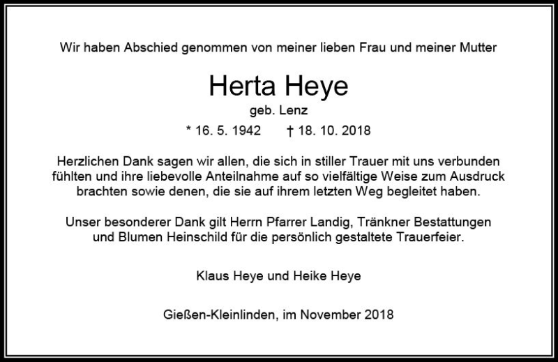  Traueranzeige für Herta Heye vom 17.11.2018 aus  Gießener Anzeiger