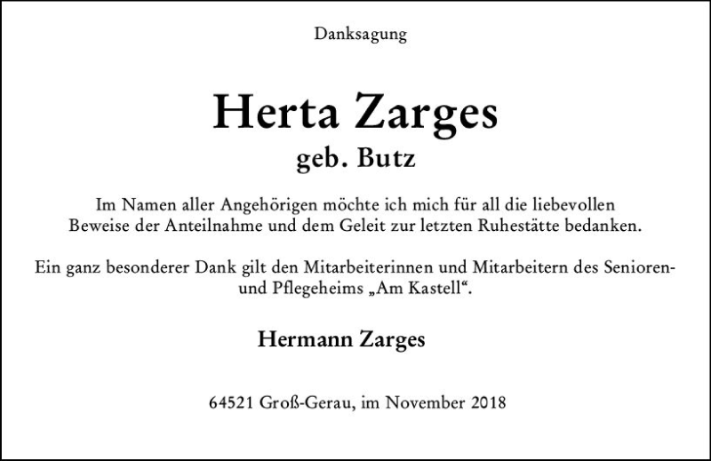  Traueranzeige für Herta Zargen vom 10.11.2018 aus vrm-trauer