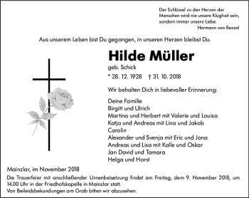 Traueranzeige von Hilde Müller von  Gießener Anzeiger