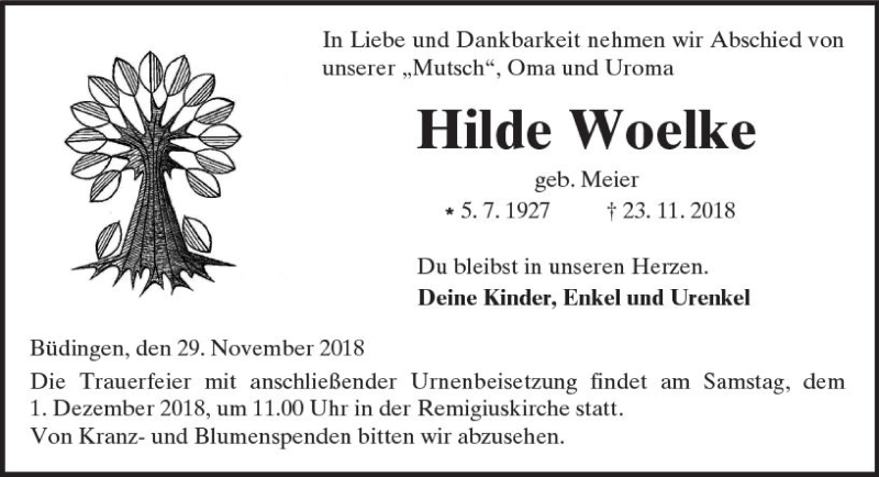  Traueranzeige für Hilde Woelke vom 29.11.2018 aus  Kreisanzeiger