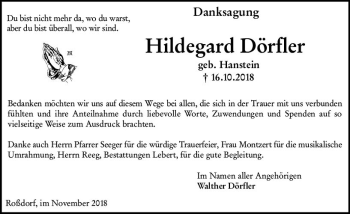 Traueranzeige von Hildegard Dörfler von vrm-trauer