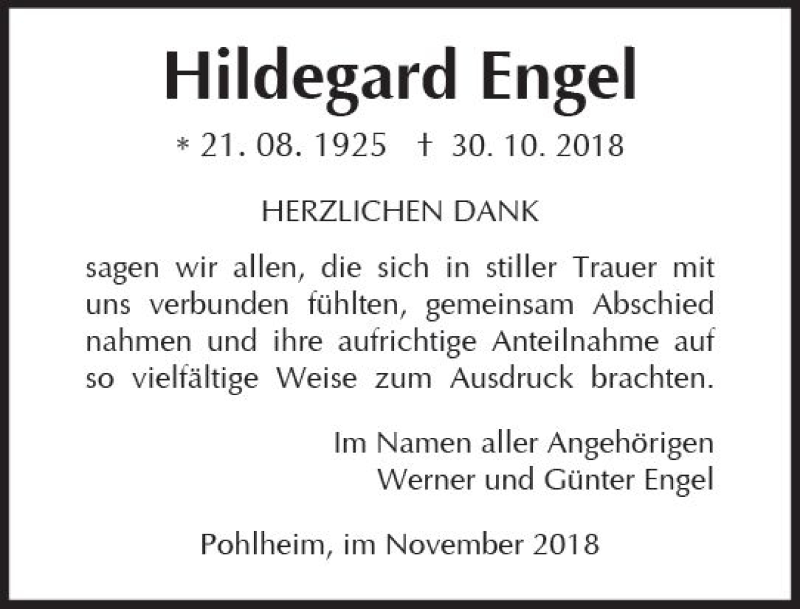  Traueranzeige für Hildegard Engel vom 24.11.2018 aus  Gießener Anzeiger
