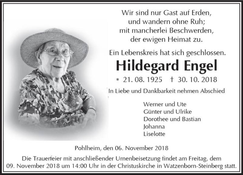  Traueranzeige für Hildegard Engel vom 06.11.2018 aus  Gießener Anzeiger