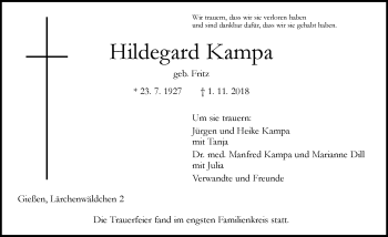 Traueranzeige von Hildegard Kampa von  Gießener Anzeiger