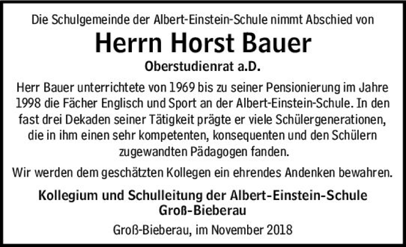  Traueranzeige für Horst Bauer vom 24.11.2018 aus vrm-trauer
