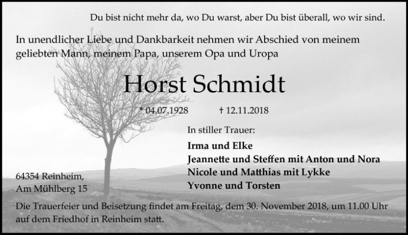  Traueranzeige für Horst Schmidt vom 24.11.2018 aus vrm-trauer