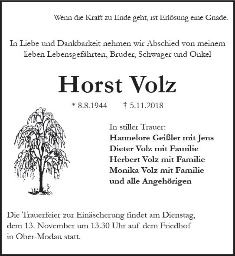  Traueranzeige für Horst Volz vom 10.11.2018 aus vrm-trauer