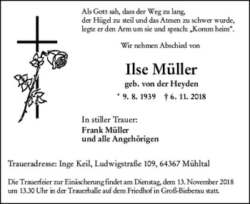 Traueranzeige von Ilse Müller von vrm-trauer