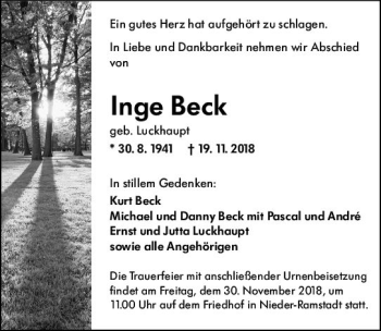 Traueranzeige von Inge Beck von vrm-trauer