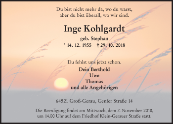Traueranzeige von Inge Kohlgardt von vrm-trauer