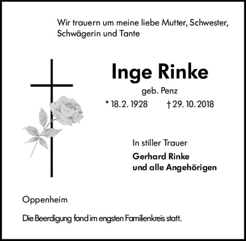  Traueranzeige für Inge Rinke vom 07.11.2018 aus vrm-trauer