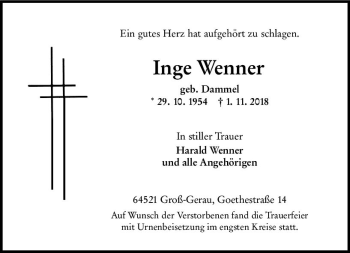 Traueranzeige von Inge Wenner von vrm-trauer