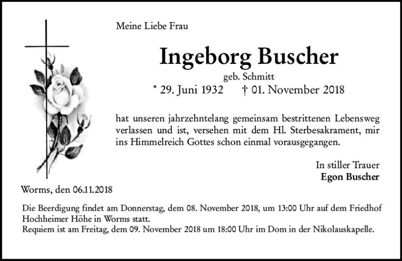  Traueranzeige für Ingeborg Buscher vom 06.11.2018 aus vrm-trauer